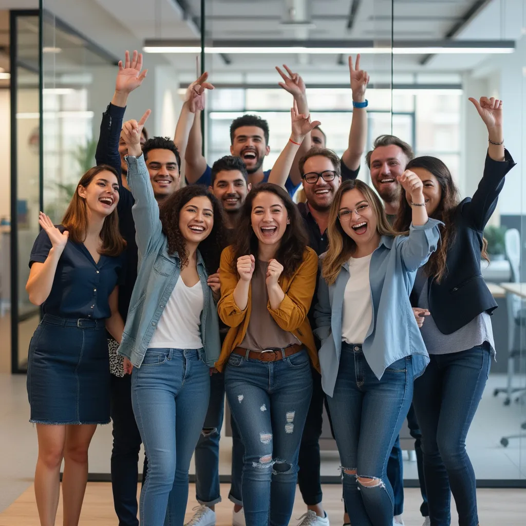 Equipo de Azul Celestial celebrando un hito del proyecto