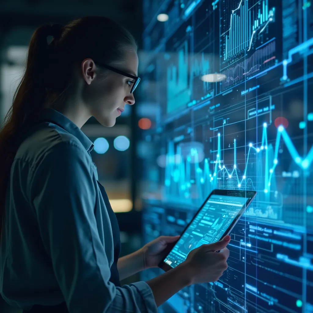Consultor analizando datos complejos en una pantalla futurista