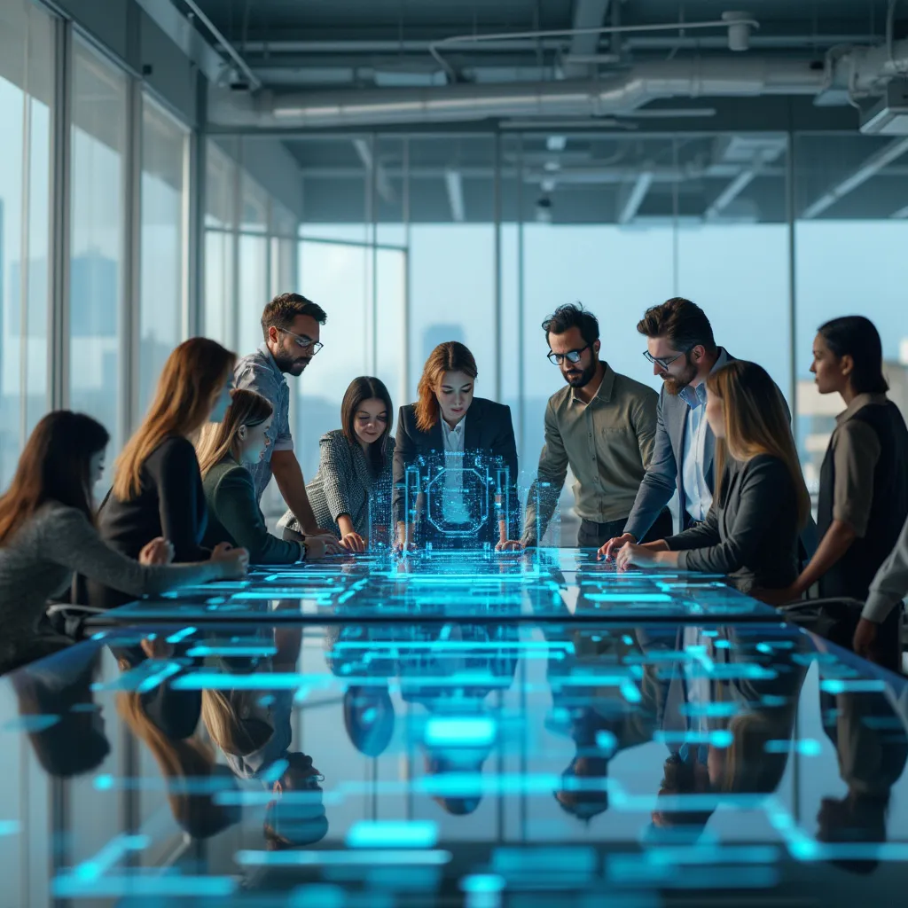 Equipo de Consultoría Azul Celestial colaborando en una oficina moderna